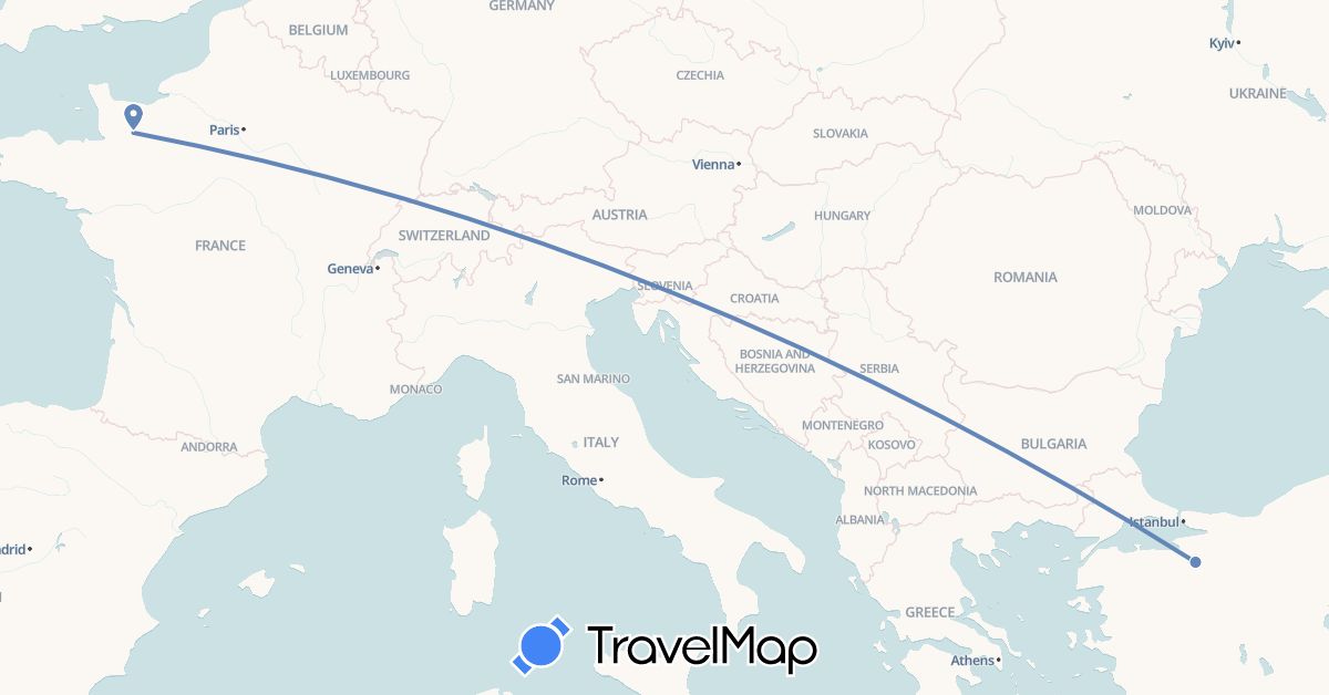 TravelMap itinerary: driving, cycling in France, Turkey (Asia, Europe)